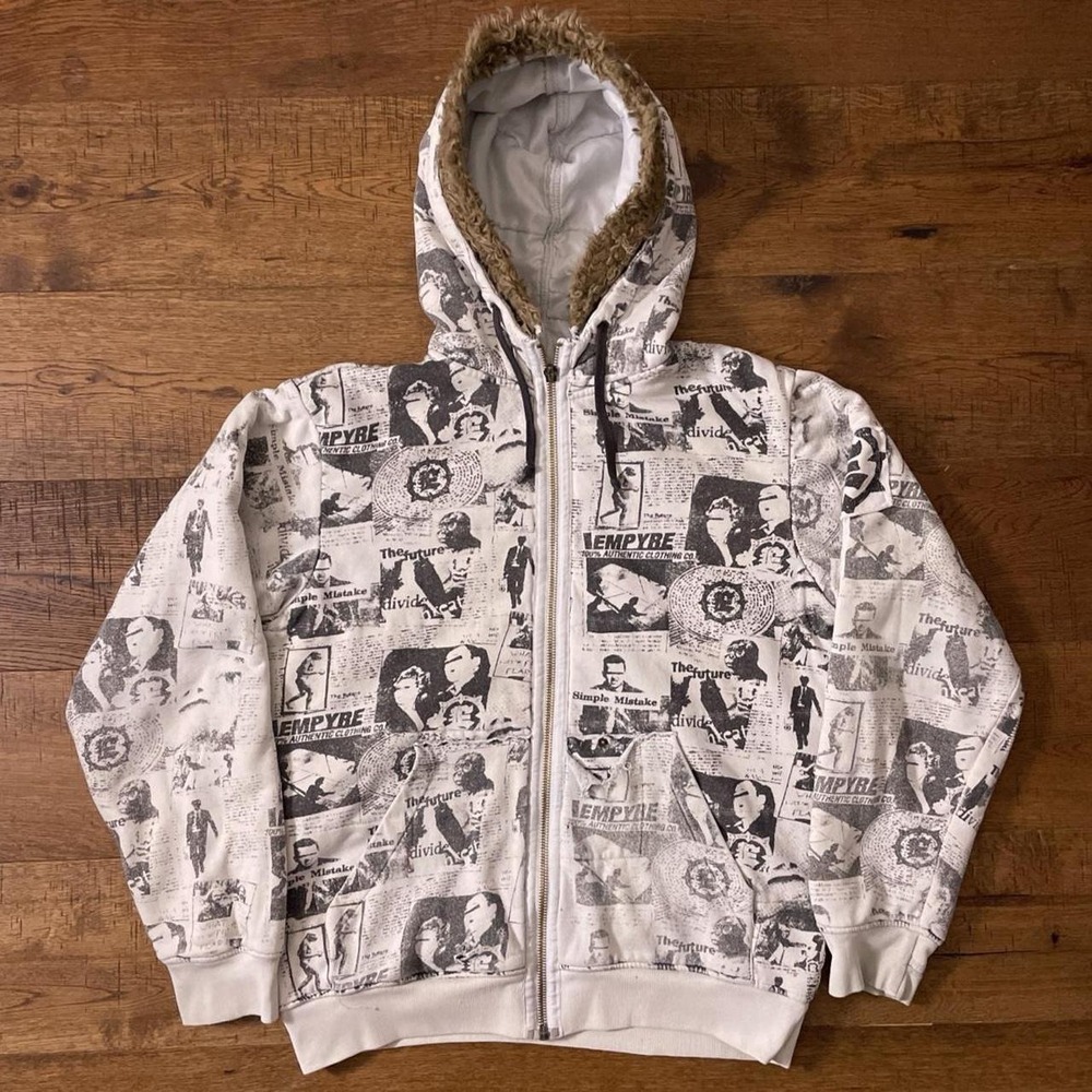 Empyre Zip Up Hoodie Mens L White Newspaper Collage Y2K Skater Grunge Faux Fur